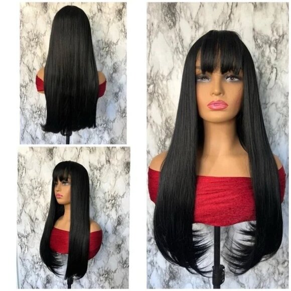 Long black Wig Straight hair 30 in long, with bangs  - Classic wig cap - Picture 9 of 10